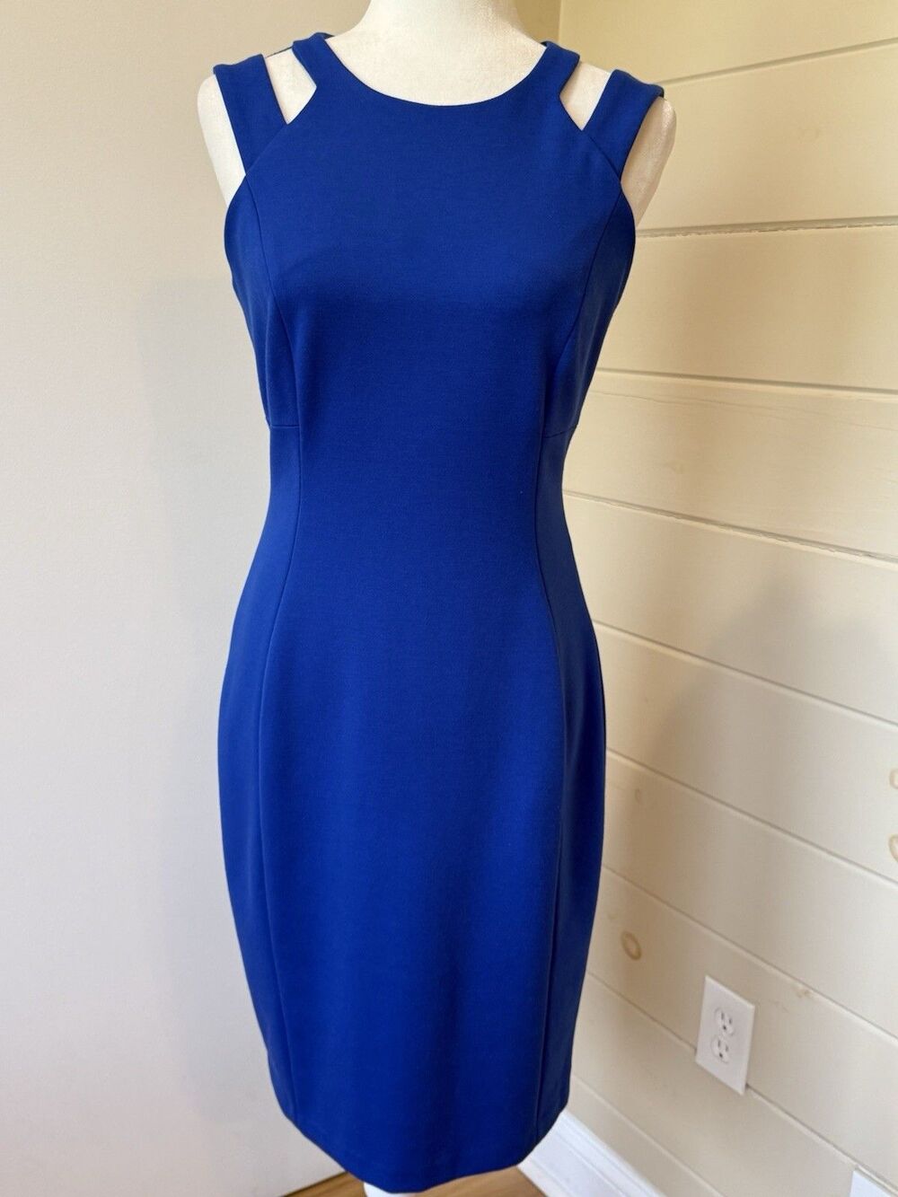 Calvin Klein Moto Royal Blue Sheath Midi Dress Sz 8 Modern Minimalist